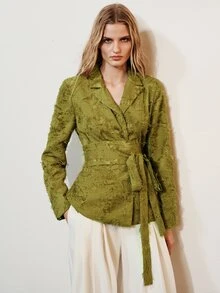 Aveloria Modichic Women's Blazer Slim Wrap Waist Jacquard Frayed Lapel Self Tie Fringe Commute Olive Green Elegant Designer Jacket Tops - Green - View 4