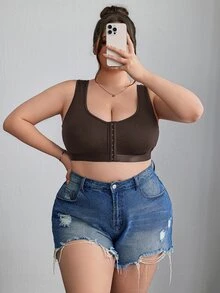SHEIN CURVE+ 大尺碼簡約純色前扣式內衣背心，Curve Plus，Hoho Vacation - 棕色 - 查看 3