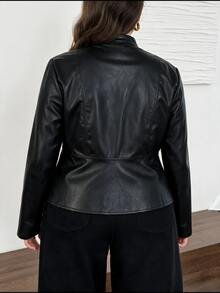 SHEIN LUNE Plus Size Women's Solid Color Long Sleeve Stand Collar Curved Hem Metal Button Decor Jacket - Coffee Brown - View 2