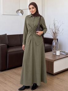 Solavon Women's Solid Color Pleated Long Sleeve Top And Skirt Casual 2 Pieces Set - Army Green - View 3