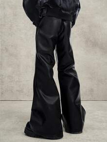 PAVTROS Men's Solid Color Pocket Flared Leather Pants, Casual Style - Black - View 2