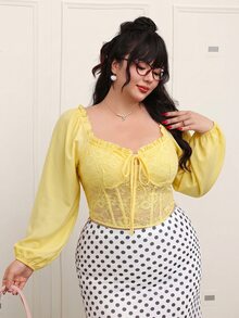 Comfortcana 淡黃色法式燈籠袖蕾絲拼接方領墊胸浪漫純欲風大尺碼女款上衣，適合約會與派對，秋季穿搭 - 鵝黃色 - 查看 8