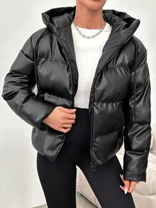 SHEIN Solid Color Zip Up Padded PU Coat - Black - View 4