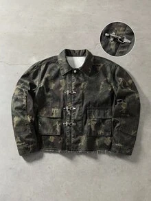 ROMWE MEN Men's Camouflage Pattern Metal Buckle Long Sleeve Denim Jacket - Multicolor - View 1