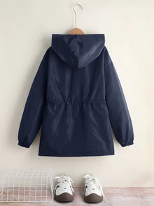 SHEIN 青少年女孩寬鬆休閒連帽極簡純色收腰長袖百搭風衣 - 藍色 - 查看 2
