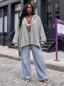 Slaydiva Plus Size Women's Hoodie, Grey Batwing Irregular Hem Plus Size Zip Up Cardigan Sweatshirt - Grey - View 8