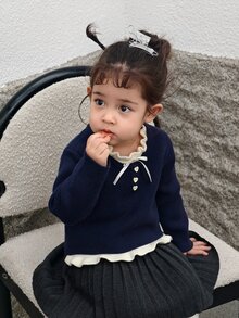 DAZY Infant/Toddler (Girl) Round Neck Contrast Color Bow Long Sleeve Autumn/Winter Sweater - Grey - View 6