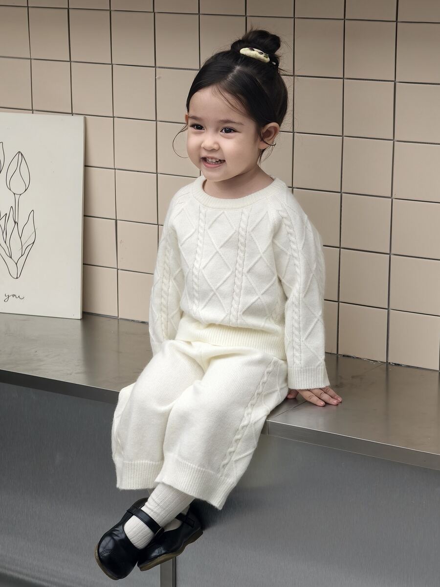 DAZY Infant (Girl) Round Neck Solid Color Casual Long Sleeve Korean Style 2 Pieces Sweater Set - Khaki - View 1