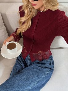 Serisse 女款蕾絲拼接修身百搭日常休閒T恤 酒紅/紅酒色 - 酒紅色 - 查看 6