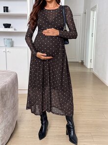 SHEIN 波點印花長袖圓領高腰休閒孕婦洋裝 秋季 - 咖啡棕 - 查看 8