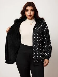 Enliva Plus Size Women's Polka Dot Hooded Jacket With Faux Fur Trim Zip Up Long Sleeve Outerwear For Fall Winter - Black - View 9