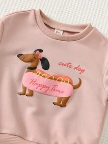 Cozy Pixies 女嬰連帽衫與運動衫套裝，針織運動衫套組，兒童泡泡印花臘腸狗圓領長袖上衣與全印花下身，修身版型，柔軟舒適可愛風格，適合初秋、秋季與冬季 - 粉色 - 查看 6