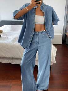 Livesso Autumn Women's Denim Set With Light Blue Washed Short Sleeve Button-Up Collar Top And Skirt - Blue - View 6