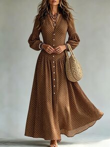 SHEIN Women's Polka Dot V-Neck Long Sleeve Single-Breasted Elegant Dress - Brown - View 5
