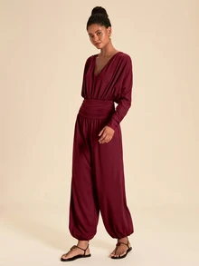 Travachic Women's Solid Color V-Neck Pleated Elegant Long Sleeve Jumpsuit - Red - View 1
