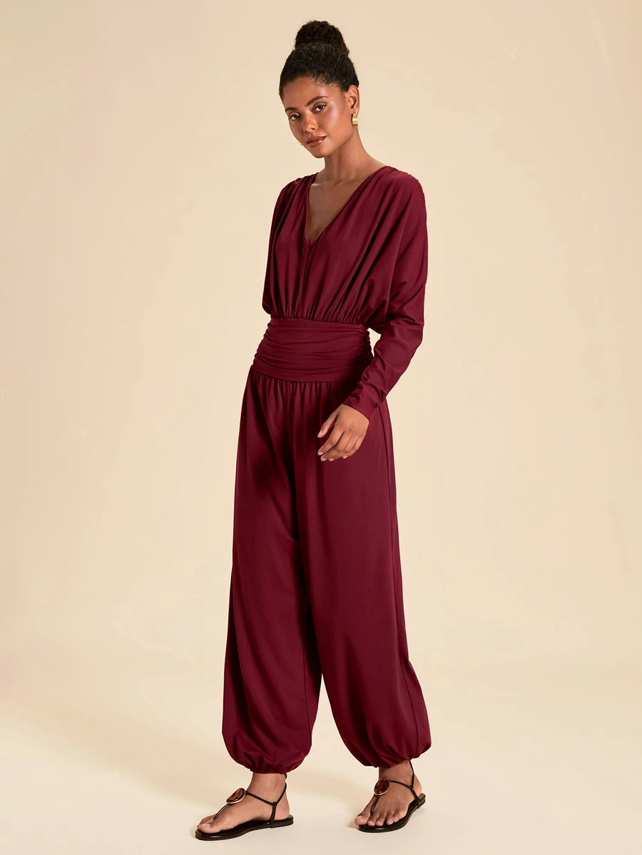Travachic Women's Solid Color V-Neck Pleated Elegant Long Sleeve Jumpsuit - Red - View 1