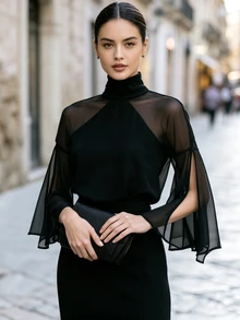 SHEIN Women's Elegant Sheer Cape Sleeve High Neck T-Shirt Black - Black - View 3