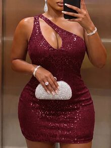 Slaydiva Gaun Tanpa Lengan Seksi Pas Badan dengan Desain Potongan Satu Bahu Berpayet Warna Polos untuk Wanita Ukuran Plus - Burgundy - View 3