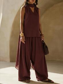 Zivah Women's Solid Color Top And Long Pants Casual Daily Set - Rust Brown - View 1