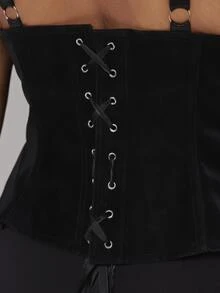 MUSERA Black Fitted Lace Back Detail Corset Top Casual Cool Basic Fall Winter Autumn - Black - View 6