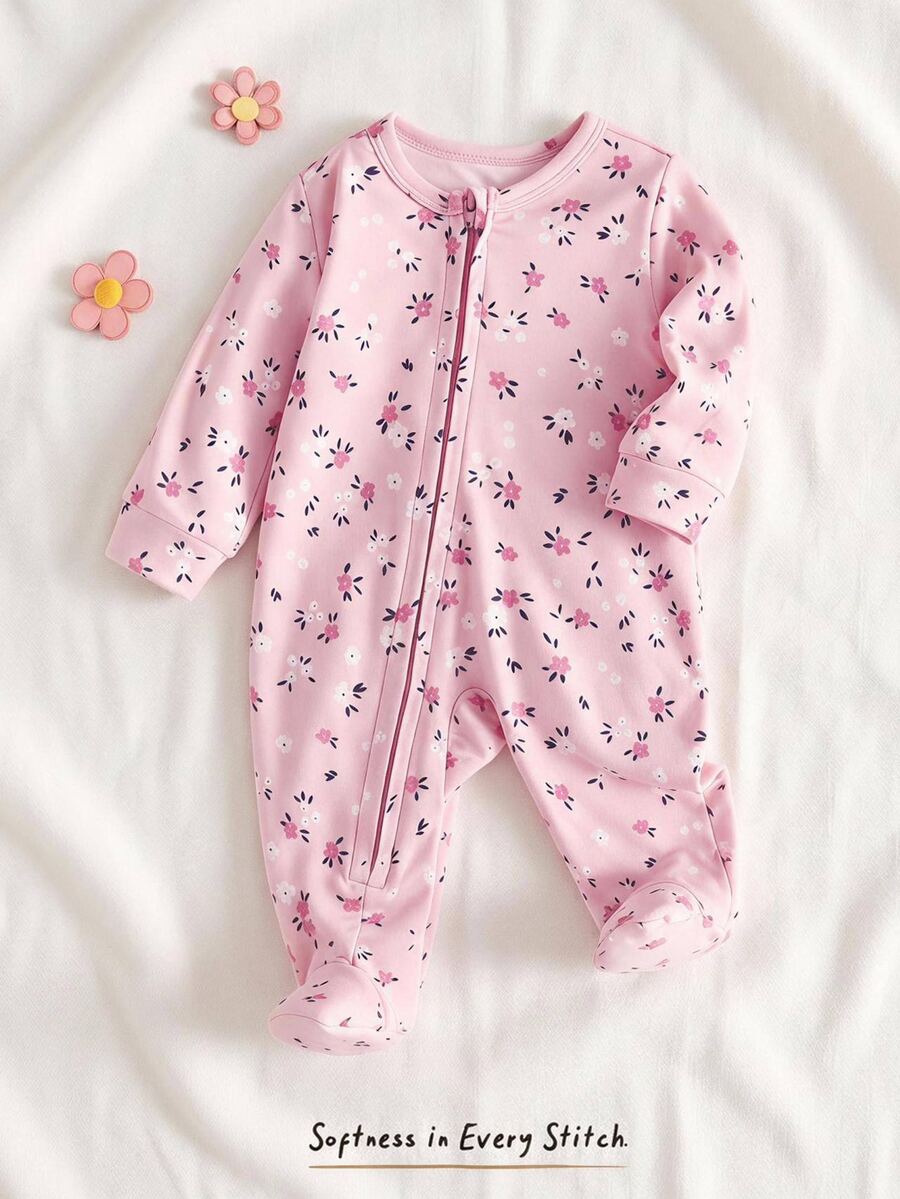 Cozy Pixies Baby Girl Floral Pattern Knitted Soft Round Neck Long Sleeve Romper Pants - Baby Pink - View 1