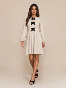 Amorya Women's Bow Decor Bubble Long Sleeve Elegant Midi Dress - Multicolor - View 6