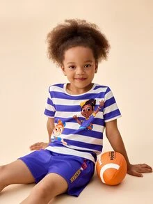 Blippi X SHEIN Young Girl Striped Round Neck Short Sleeve T-Shirt And Shorts Set - Purple - View 7