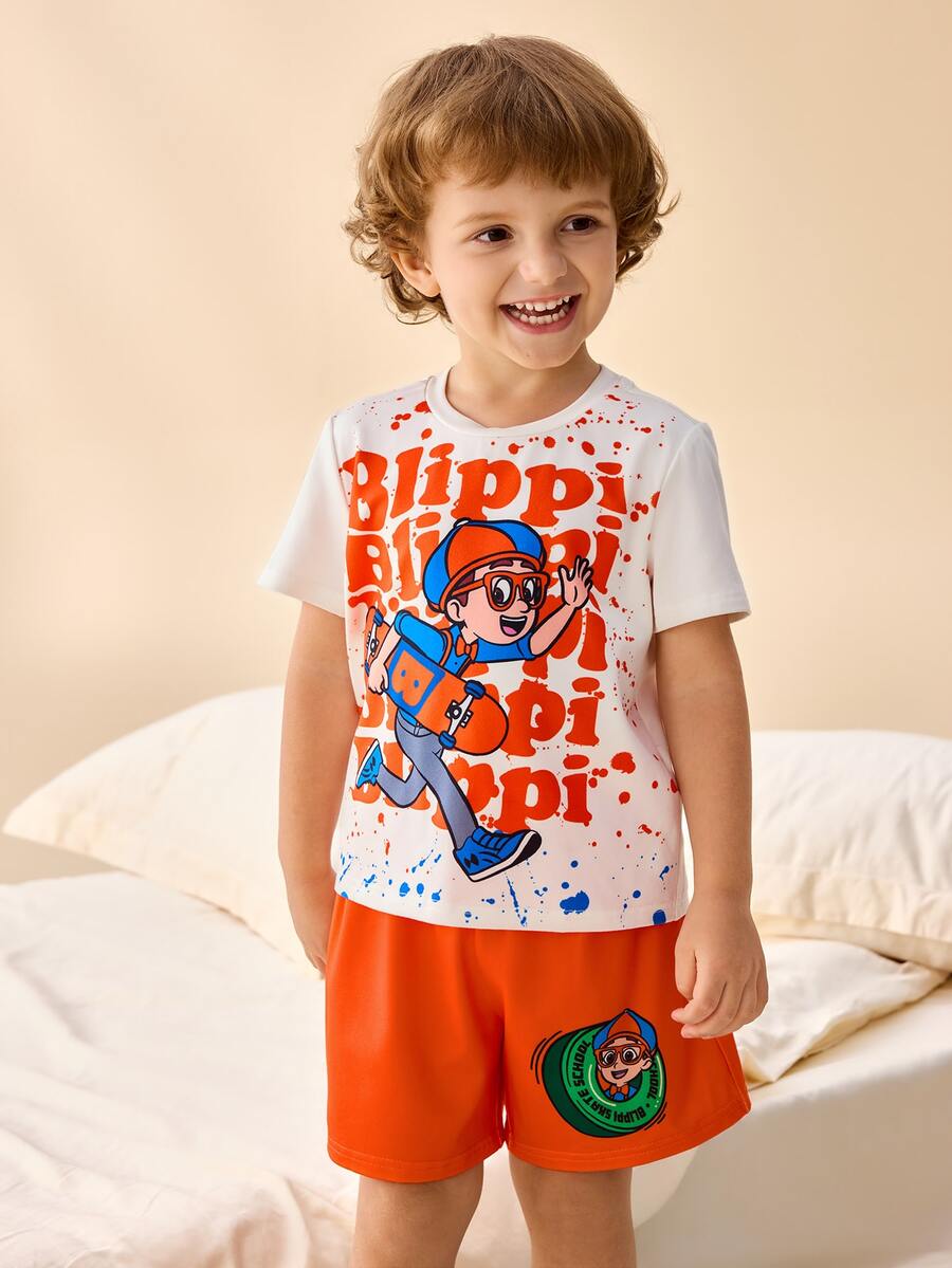 Blippi X SHEIN 小男孩圓領卡通角色印花T恤與短褲居家休閒套裝 - 橘色 - 查看 1