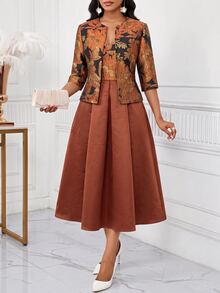 SHEIN Lady Women's Jacquard 3/4 Sleeve Open Front Cardigan And Camisole Dress Elegant 2 Pieces Set - Pink - View 6