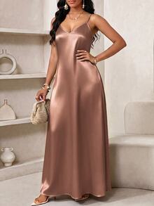 SHEIN Lady Plus Size Women Elegant Solid Color V-Neck Dress - Mocha Brown - View 5