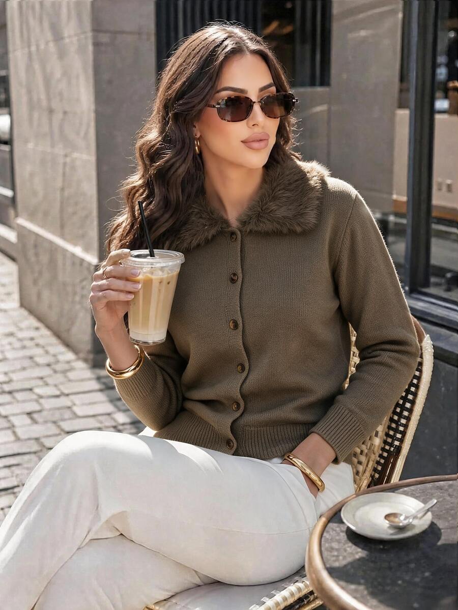 Dripcurv Plus Size Women Fur Collar Knit Cardigan - Brown - View 1