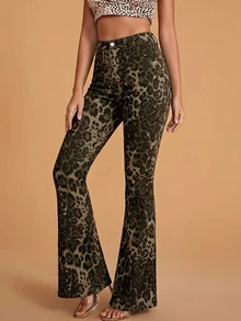 Selenza Women's Leopard Print Button Pocket Casual Daily Denim Long Pants - Multicolor - View 3