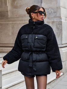 SHEIN جاكيت منفوخ محشو بالريش للنساء بتصميم دب تيدي مع ياقة واقفة وملمس بارز متناسق - الأسود - مشاهدة 8