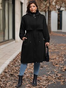 Reflora Women Plus Size Autumn/Winter Loose Waist Drawstring Mid-Length Jacket - Black - View 5