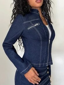Jeanoix Women's Y2K Stand Collar Zipper Washed Denim Jacket - Dark Wash - View 4