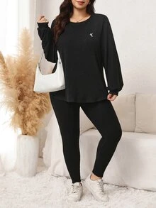 Comfylo Plus Size Women's Knight Graphic Long Sleeve Top And Pants Casual Daily Outfit Set - Black - View 5