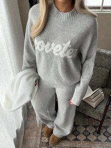 CovetEZ Women's Letter Print Long Sleeve Top & Pants Casual Daily Knit Two Pieces Set - Grey - View 4