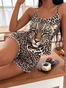 SHEIN Leopard Print Camisole & Shorts Women's Pajama Set - Multicolor - View 4