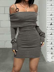Jeanoix Women's Korean Style Hot Girl Striped Color Block Ring Decor Dress - Multicolor - View 5