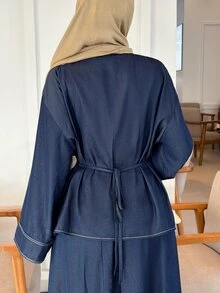 Solavon Setelan Kasual 2 Potong Wanita: Kemeja Lengan Panjang Kancing Tunggal dan Rok Warna Polos - Biru - View 3