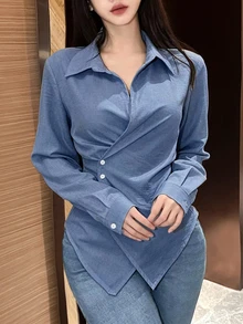 SHEIN LUNE 女款素色長袖裹身式襯衫，春秋女式上衣 - 藍色 - 查看 3