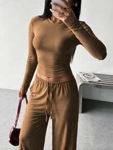 Dewbera Dewbera 2pcs Women's Dark Brown Seamless Knit Set - Coffee Brown - View 5
