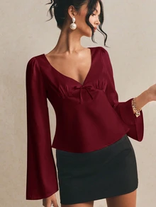 Poéselle Women's Solid Color Bowknot Decor Flare Sleeve Top - Burgundy - View 7