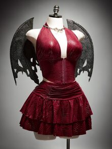 SHEIN ICON Plus Size Solid Color V-Neck Halter Top And Ruched Skirt Sexy Two Pieces Set - Burgundy - View 5