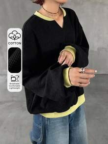 FRIFUL Sweatshirt Longgar Wanita Gaya Korea Baru Awal Musim Gugur dengan Kain Waffle Warna-warni - Hitam - View 1