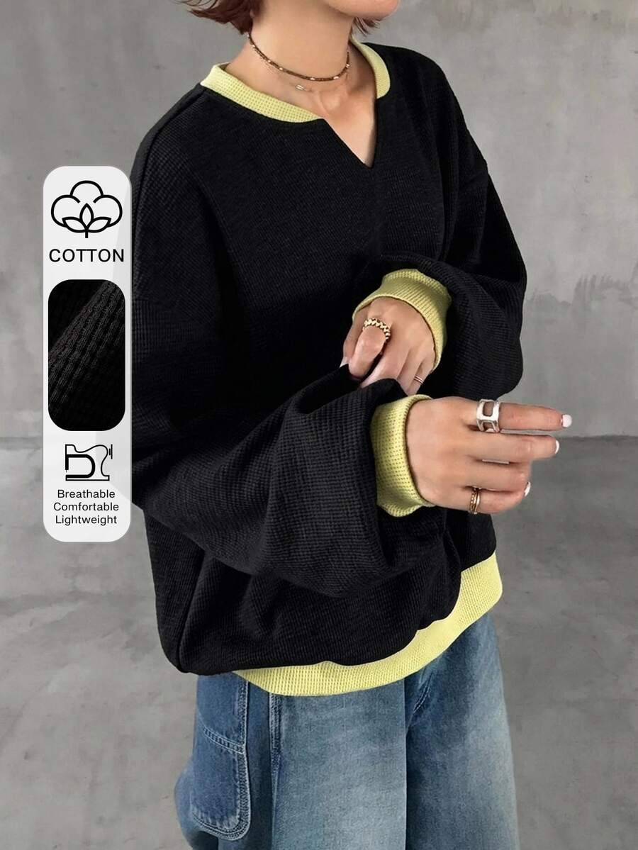 FRIFUL Sweatshirt Longgar Wanita Gaya Korea Baru Awal Musim Gugur dengan Kain Waffle Warna-warni - Hitam - View 1