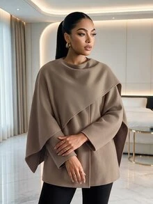 SHEIN Lady Plus Size Women's Solid Color Casual Versatile Daily Overcoat Winter - Brown - View 8