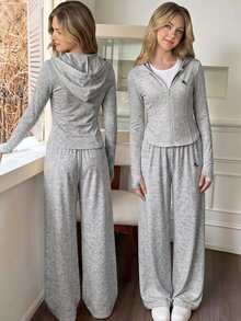 SHEIN Girls' Casual Fashion Knit Solid Color Front Positioned Graphic Print Double Pocket Long Sleeve Hooded Zip-Up Jacket With Solid Color Knit Positioned Graphic Print Pants Comfortable 2 Pieces Set - Grey - View 1