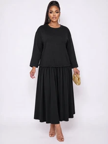 Poshavie Poshavie Plus Size Women's Casual Relaxed Dress, 2 In 1 Patchwork Design, Minimalist Elegant, Suitable For Daily Wear - Black - View 4