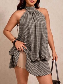 Elaquor Plus Size Women's Plaid Fashion Halter Neck Dress With Ruffle Hem - Black - View 8